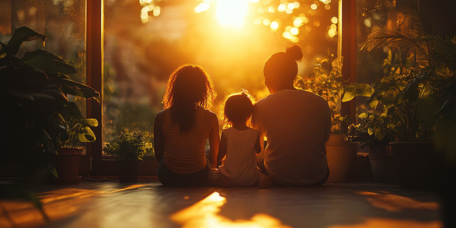 Family enjoys sunset together in cozy indoor space surrounded by plants